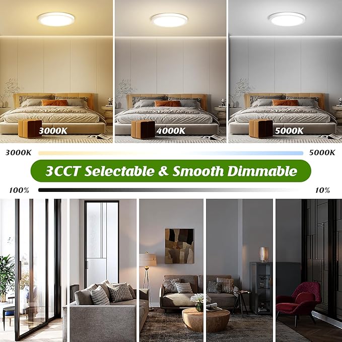 Brightever Flush Mount Ceiling Light Fixture, 15W 1200Lm Flat LED Dimmable, 3CCT 3000K-5000K Color Adjustable, 7 Inch White Modern Ultra-Thin Lamp for Garage, Stairwell (10 Pack)