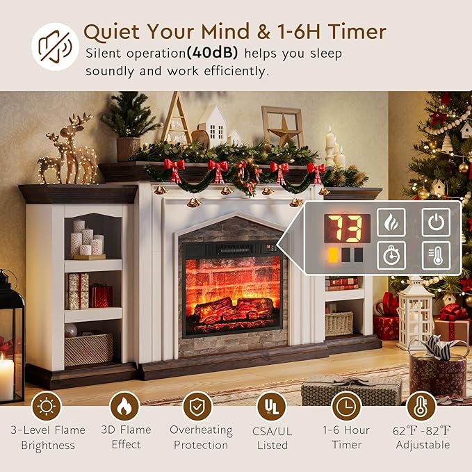 LGHM 80" Fireplace TV Stand for TVs Up to 90 Inch, Electric Fireplace with Mantel, Farmhouse Entertainment Center with Storage, Fireplace Heater Insert with 3D Flame Effect for Living Room