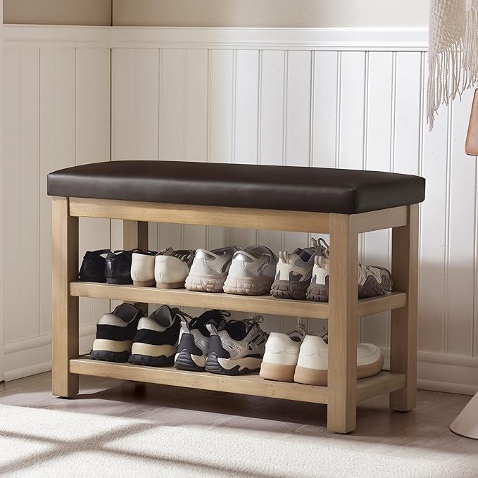 Shoe Rack Bench with Leather Cushion, 2 Tier Solid Wood Storage Bench, Mid-Century Modern Shoe Bench for Entryway, Hallway, Closet, Front Door Entrance, Foyer (Dark Brown, 31.5)