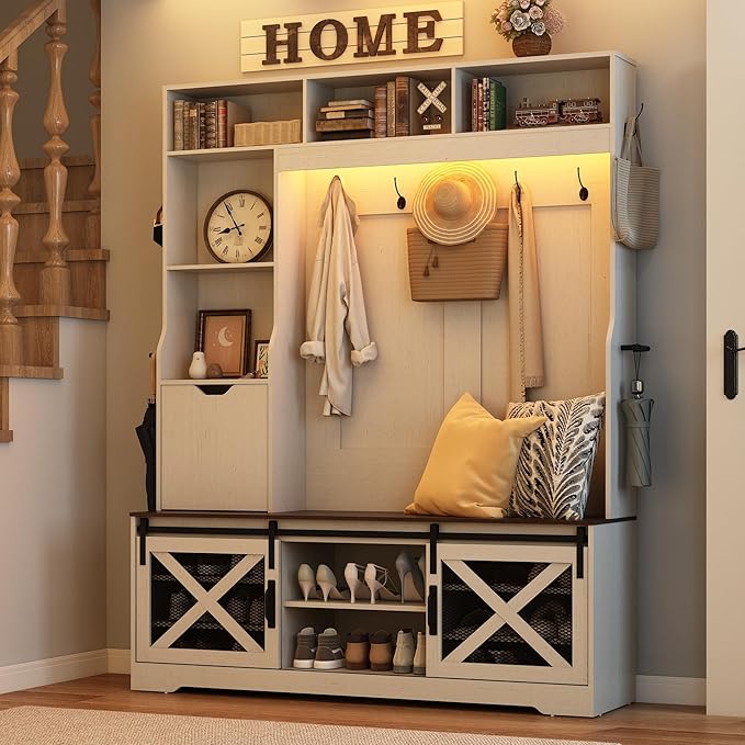 75''H LED Farmhouse Hall Tree with Bench and Shoe,Entryway Bench with Coat Rack,16 Shoe Cubbies & Umbrella Holder and Sock Storage Drawer,Mudroom/Hallway Storages Cabinet(White)
