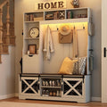 75''H LED Farmhouse Hall Tree with Bench and Shoe,Entryway Bench with Coat Rack,16 Shoe Cubbies & Umbrella Holder and Sock Storage Drawer,Mudroom/Hallway Storages Cabinet(White)
