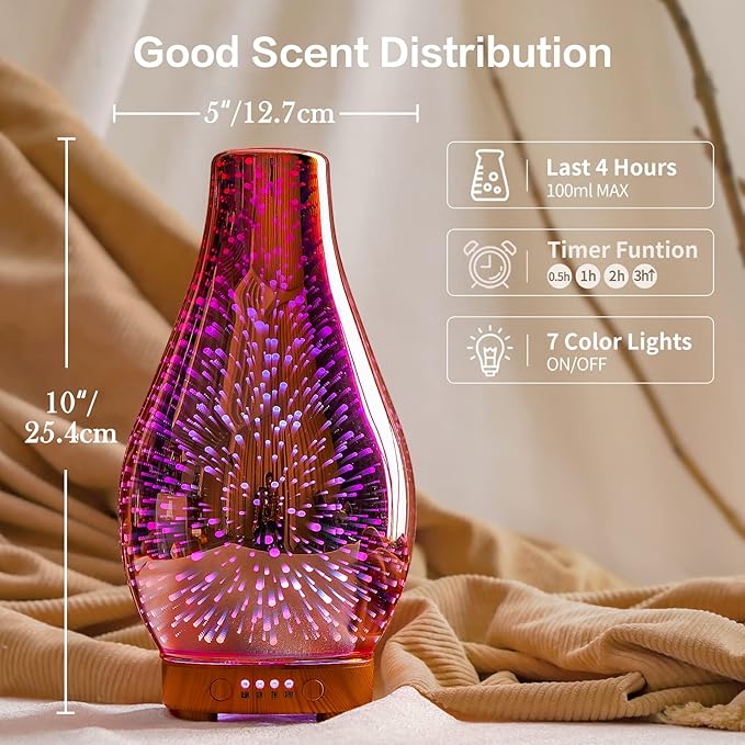 Porseme Essential Oil Diffuser, Aroma Ultrasonic Humidifier with Rose Gold Handmade Glass, BPA Free, 7 Color Changing Night Light, Waterless Auto-Off, Timer Setting (Rose Gold Volcano)