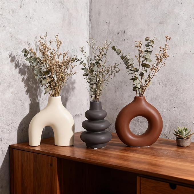 Ceramic 3 Pcs Vase Set,Modern Home Decor Table Centerpiece,Minimalist Nordic Vases, Wedding, Living Room, Bookshelf, Office, Modern Home, Entryway Boho Decor (D)