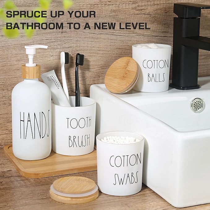White Bathroom Accessories, 5 Pcs Glass Bathroom Accessory Set with Bamboo Tray, Soap Dispenser and Toothbrush Holder Set, Qtip and Cotton Ball Holder, Farmhouse Boho Bathroom Set Complete