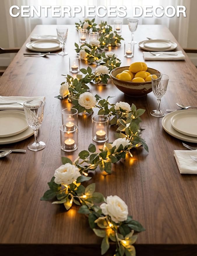 suddus Flower Garland with White Camellia Fairy Lights Indoor, 60 LED Vines String Lights Battery Operated with Remote, Artificial Fake Flowers Leaf Lights for Wedding,Bedroom,Centerpieces,Arch Decor