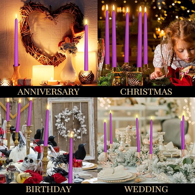 Macarrie 24 Packs Flameless Taper Candles Battery Operated Fake 11 Inch Long Candle Light LED Flameless Candlesticks Flickering Tapered for Wedding, Halloween, Christmas(Purple)