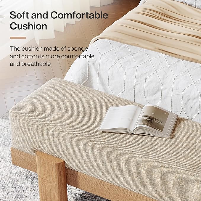 Tribesigns 55-Inch Upholstered Entryway Bench, Modern Shoe Bench with Ultra-Plush Thick Cushion and MDF Frame, End of Bed Stool Long Ottoman for Entrance, Living Room (Beige & Oak)