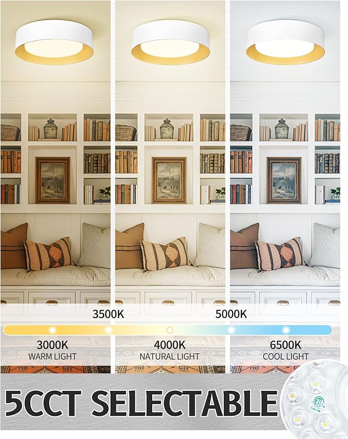 AUTELO 12" Flush Mount Ceiling Light, 5CCT LED Light Fixtures Ceiling Mount, Modern Ceiling Light with Frosted Glass in White Metal Finish for Bedroom Hallway, C3336-29 WH LED