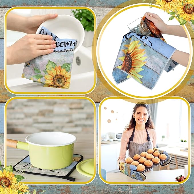 Fourluoo 10 Pcs Sunflower Kitchen Decor Set Sunflower Kitchen Towels and Rugs Oven Mitts and Pot Holders Farmhouse Decor for Women Mom Gift Cooking Baking Grilling