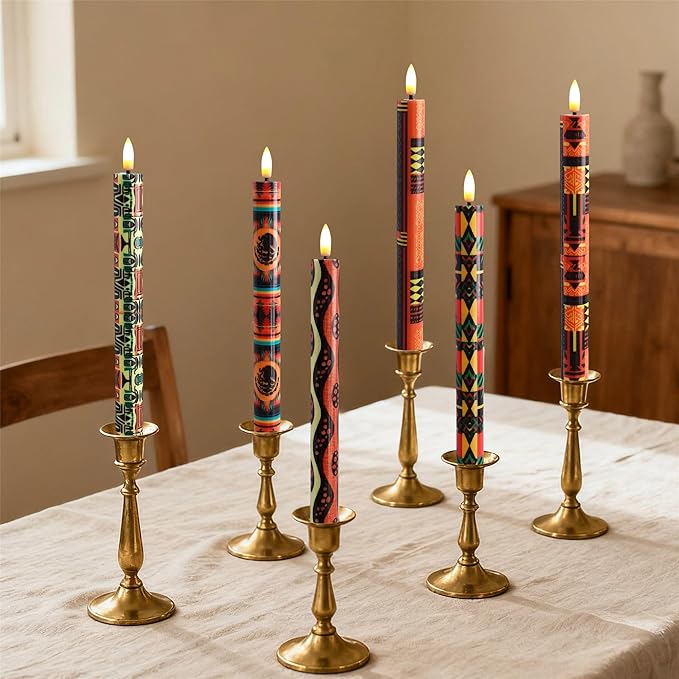 African LED Candles Flameless Candlesticks-6pcs Timer Traditional Tribal Battery Operated Candle Remote Floral LED Taper Candles Lights for Home Wedding Party Dinner Windows Decor-P6AFRI