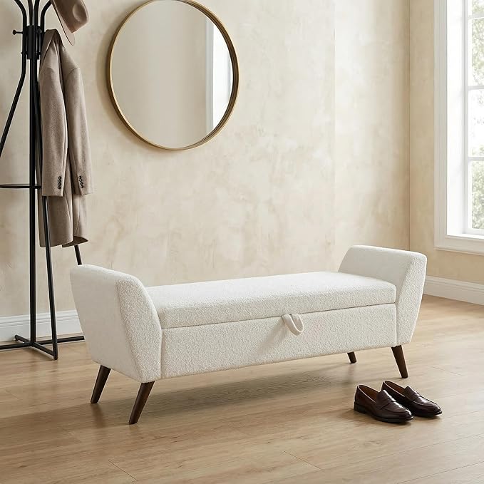 60'' Modern Upholstered Storage Ottoman Bench with Mid-Century Wood Legs, Entryway Bench with Hidden Storage for Living Room, Bedroom, and End of Bed, Comfort Padded Seat (B-White)