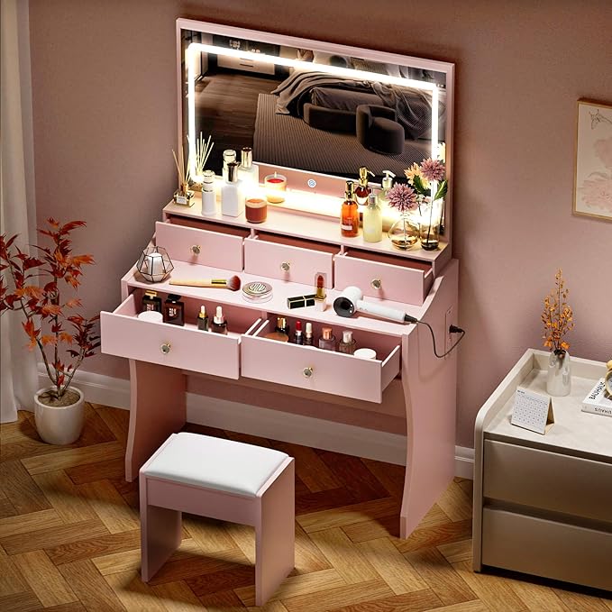COMHOMA Makeup Vanity Desk with Mirror and Lights, Vanity Table and Chair Set with 5 Drawers and Charging Station, Bedroom Dresser LED Mirror Stepless Dimmable & 3 Color Modes Adjustable, Pink