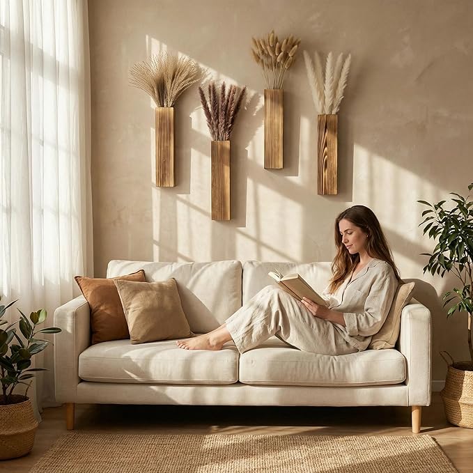 Sawoake 4-Piece Wooden Hanging Wall Vase Set with Pampas Grass and Eucalyptus Dried Flowers, Modern Farmhouse Home Decor for Living Room Entryway Bathroom Hallway Dining Room（Brown）