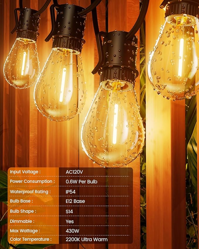 Torkase Dimmable S14 LED Patio Lights 60FT 20+1 Vintage Bulbs, ETL Listed Commercial Grade Waterproof String Lights for Porch, Gazebo, Market Lighting
