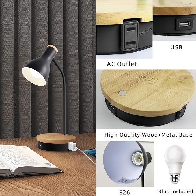 Metal Desk Lamp Wireless Charging Table Lamp Touch Reading Lights Arc Desk Lamps for Bedroom, 3 Way Dimmable Bedside Lamp with USB Charging Ports Lamp for Study Room and Office (Black)