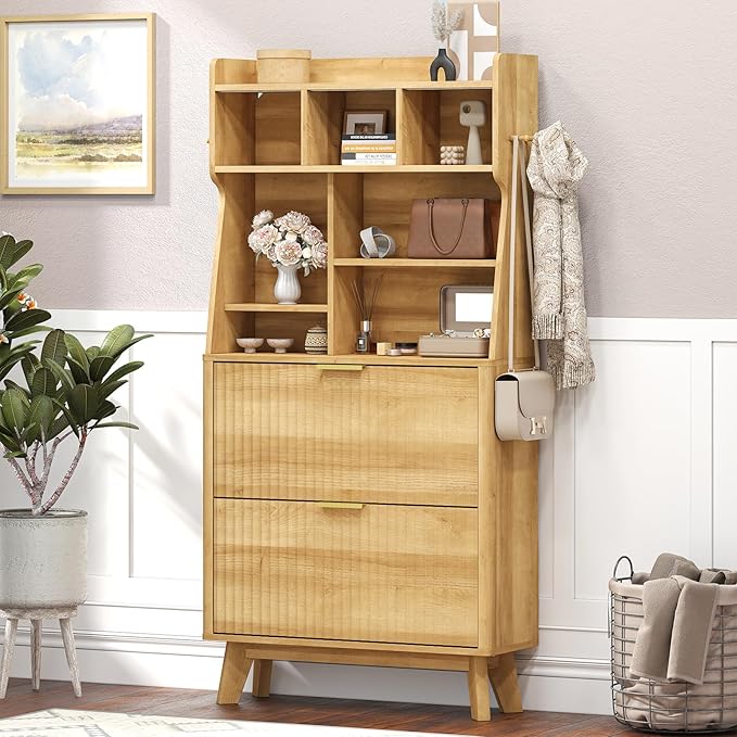 TVU Hall Tree with 2 Height-Adjustable Flip-Top Shoe Cabinets, Rustic Style Entryway Coat Rack with LED Lights, Tall Entryway Coat Rack with 4 Coat Hooks & 7 Height-Adjustable Storage Compartments