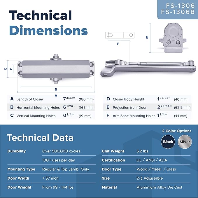 Automatic Door Closer (Silver), FS-1306 Residential Hydraulic Auto Door Closer, Grade 3 Self Closing Spring Hinge, UL Listed & ADA Soft Closers No Slam, for Home & Interior Garage Doors Closure