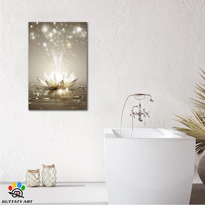 Zen White Lotus Flower Canvas Wall Art, Lotus Floral Pictures Wall Print, Spiritual Water Lily Canvas Prints, Lotus Bloom on Water Poster, Zen Meditation Spiritual Artwork for Yoga Spa Room 12x18 inch