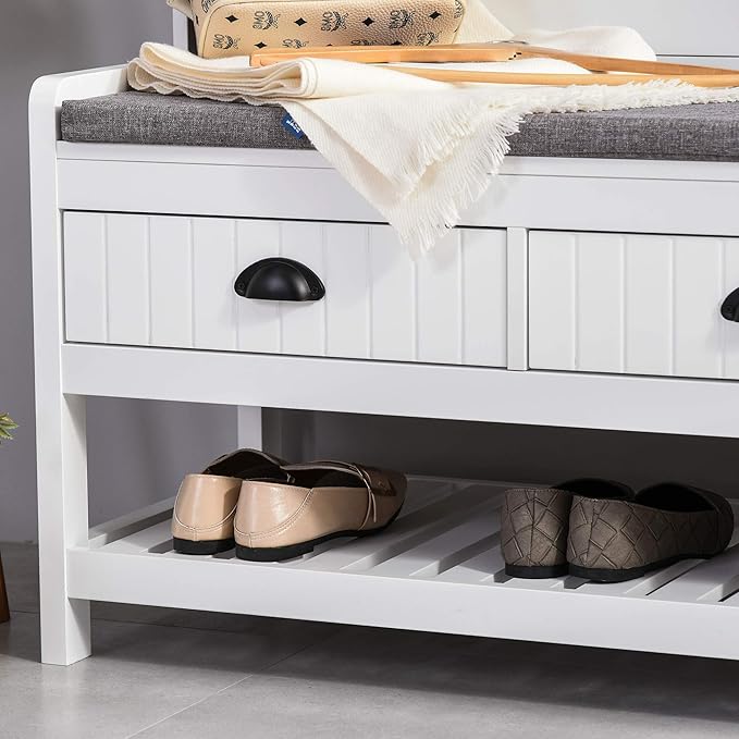 HOMCOM 3-in-1 Hall Tree, Entryway Bench with Coat Rack, Mudroom Bench with Shoe Rack, 2 Storage Drawers, 4 Hooks and Padded Seat Cushions for Hallway, White