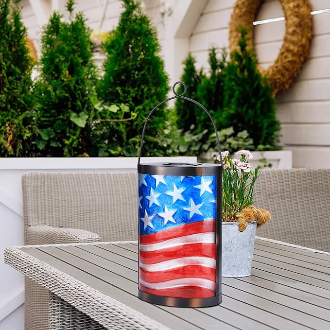 Afirst Solar Lantern Outdoor Hanging Glass Solar American Flag Lights Waterproof Led Lamp for Garden Yard Tree Desk Decor