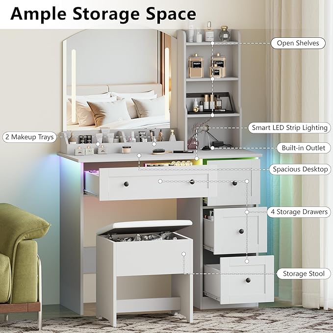 Vanity Desk with Mirror and Lights & Power Outlet, Makeup Vanity Set with Chair & RGB Ambient Light, Girls Vanity Dressing Table with 3 Lighting Modes & Adjustable Brightness for Bedroom, White