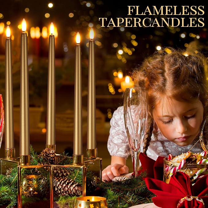 Macarrie 24 Packs Flameless Taper Candles Battery Operated Fake 11 Inch Long Candlelight LED Flameless Candlesticks Flickering Tapered for Spring Summer Wedding(Gold)