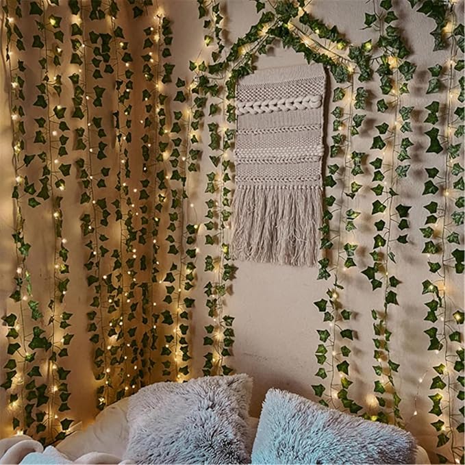Comtelek Fake Vines for Room Decor Artificial Ivy Garland with 100 LED String Light Hanging Plants Faux Greenery Leaves Bedroom Aesthetic Decor for Home Garden Wall Wedding（6Pack with 100LED）