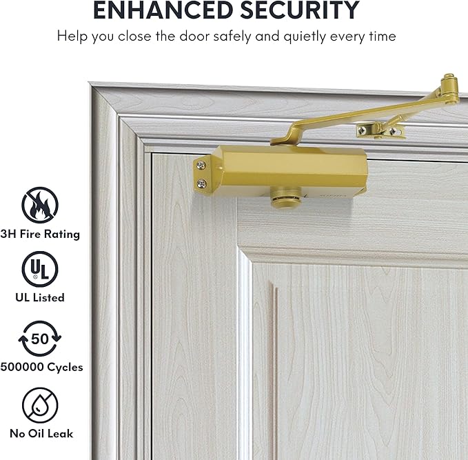 SOPHIA Automatic Door Closer Commercial, Auto Door Closer for Home Size 3 DK500, 3H Fire-Rated Hydraulic Door Closer Residential & Life Size Fitting Template, UL Listed, ANSI Grade 3, Brass