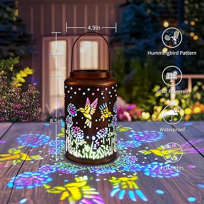 ODEETRONIC Solar Hummingbird Lantern with Colorful Projection - Hummingbird Birthday Gifts for Women Mom Grandma, Multicolor Hanging Lights Outdoor Waterproof, Solar Lantern Lights for Garden Patio