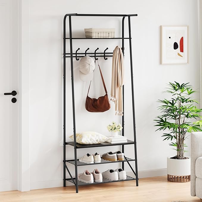 4-In-1 Hall Tree Entryway Organizer with 5 Hooks and Shoe Storage Bench, Sturdy Metal Frame, Metal Look Accent for Coat, Hat, and Bag Organization in Entryway, Living Room, or Bedroom