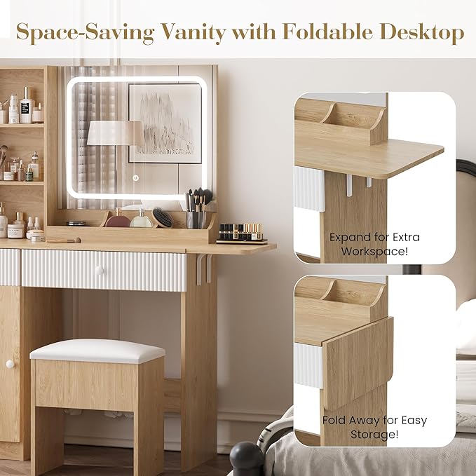 GarveeHome Foldable Makeup Vanity with Lighted Mirror, Vanity Desk with Power Strip, Adjustable Lighting, Drawers and Cushioned Stool, Foldable Panel for Compact Space Bedroom, Natural