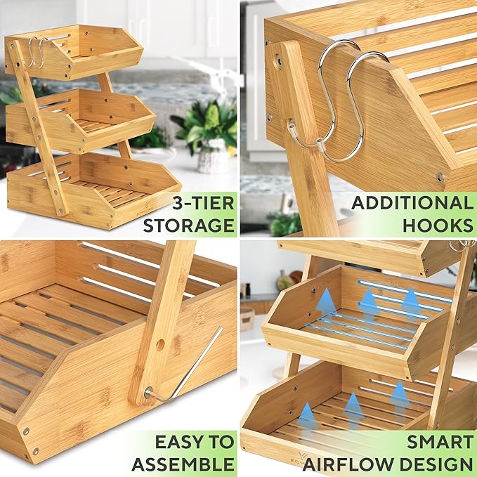 KOMFORA Bamboo Fruit Basket 3-Tier - Premium Produce Basket for Kitchen w/ 2 Hangers - Durable & Easy to Assemble Stand for Countertop - Perfect Holder for Vegetables, Bread, Snacks & More
