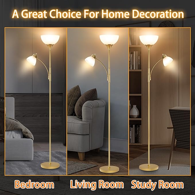 Floor Lamp, Standing lamp, Stepless Dimming Brightness, Included 9W and 5W LED Bulbs, Lamp for Living Room, Bedroom, Office, Reading