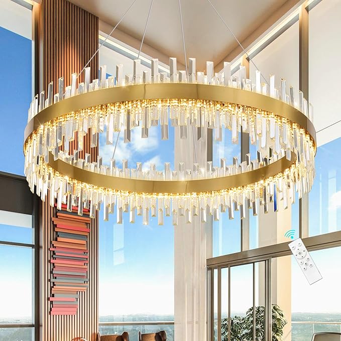 Glam Crystal Chandelier Large Ring Chandeliers with Remote Dimmable LED Light Adjustable Hanging Lights Luxury Ceiling Pendant Lighting Fixtures for Living Dining Bedroom Foyer Gold Light