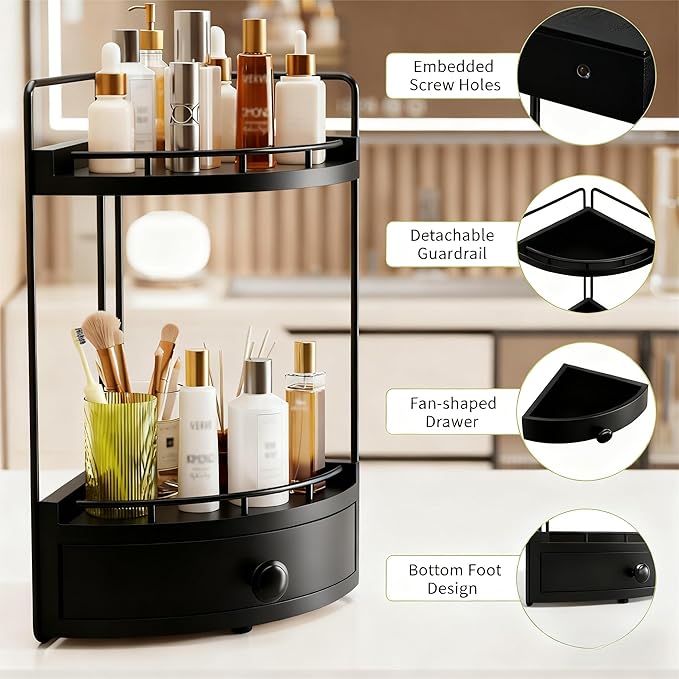 2-Tier Corner Bathroom Countertop Organizer with Drawer, Wooden Vanity Organizers for Makeup and Skincare Storage, Corner Counter Shelf with Embedded Screw Holes, Black