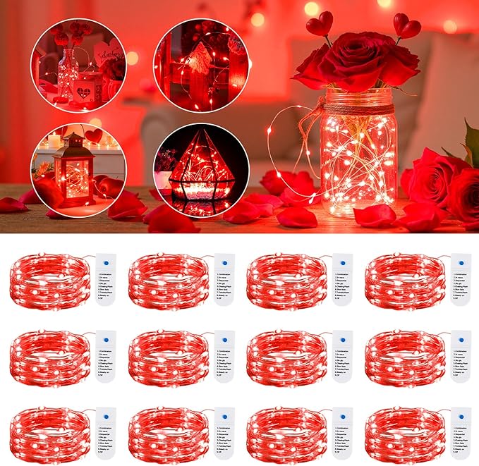 Minetom 12 Pack Red Christmas Lights, 7ft 20 LED Fairy Lights Battery Operated String Lights, Valentines Day Decorations, 8 Modes Waterproof Silver Wire Twinkle Lights, Valentine's Day Lights
