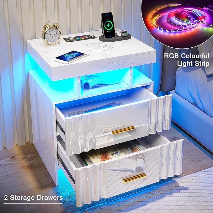 Nightstand with Wireless Charging Station,Set of 2 Bedroom Bedside Table with RGB Lights, Smart Night Stand with 2 Drawers, Bedside Tables Modern Bedside Table for Bedroom, Living Room(White)