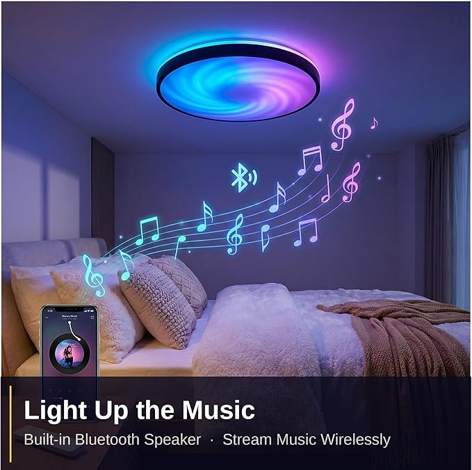 HOREVO 16inch 36W LED Ceiling Lamp Black Flush Mount Ceiling Light Fixture with Bluetooth Speaker with Remote Control, RGB Color Changing,for Living Room, Dining Room, Bedroom, Office