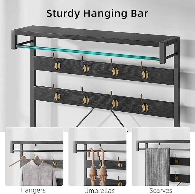 IDEALHOUSE Coat Rack Shoe Bench Industrial Hall Tree Storage Bench for Entryway Wood Look Accent Large Shoe Rack with Storage Shelf Hanging Bar,8 Hooks Grey 39.9"x15.7"x72"