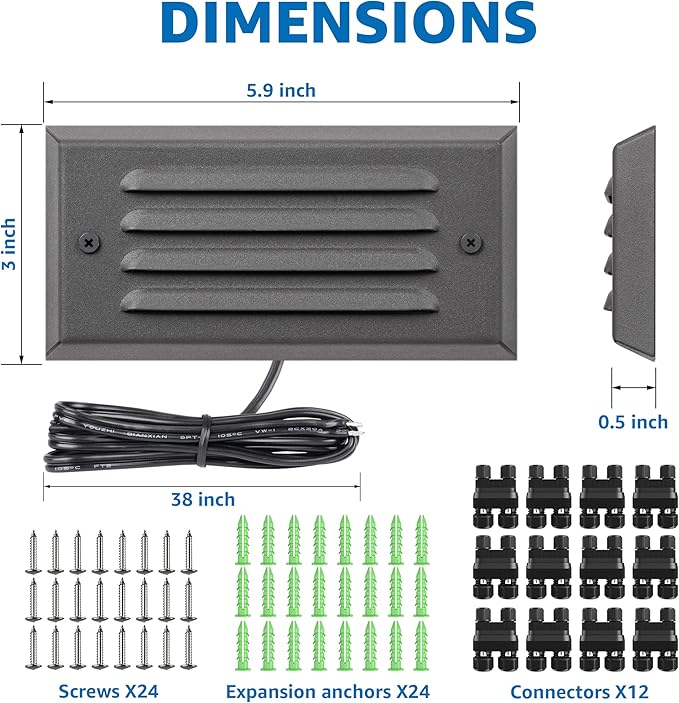 SUNVIE Low Voltage Step Lights Outdoor 5W LED Stair Lights with Horizontal Louver Faceplate Deck Lights for Steps Stairs Fences 12V 3000K 3.2FT ETL Listed Wire, Fastlock2 Connectors Included, 12 Pack
