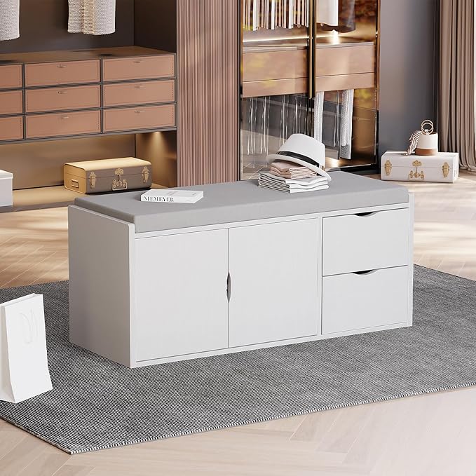 LVB Storage Entryway Bench, Long Shoe Bench with Drawers Storage Shelf, Modern Entry Way Bench with Padded Cushioned Seating, Wood Shoe Rack Benchs for Foyer Entrance Living Bedroom, White Oak, 40in