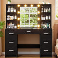 Vanity Desk with Mirror and LED Lights, Large Vanity with 7 Drawers and 6 Shelves, Make up Vanity Dressing Table with Charging Station for Girls, Women (Black)