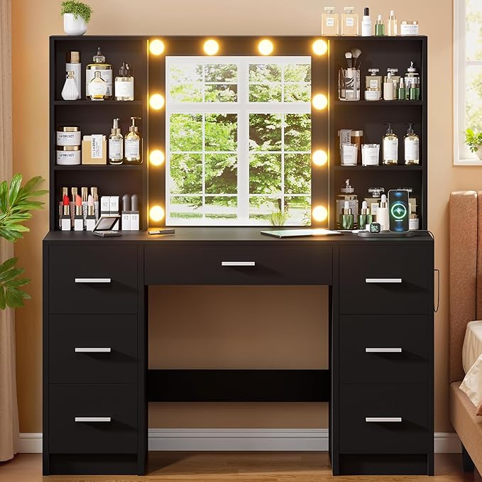 Vanity Desk with Mirror and LED Lights, Large Vanity with 7 Drawers and 6 Shelves, Make up Vanity Dressing Table with Charging Station for Girls, Women (Black)