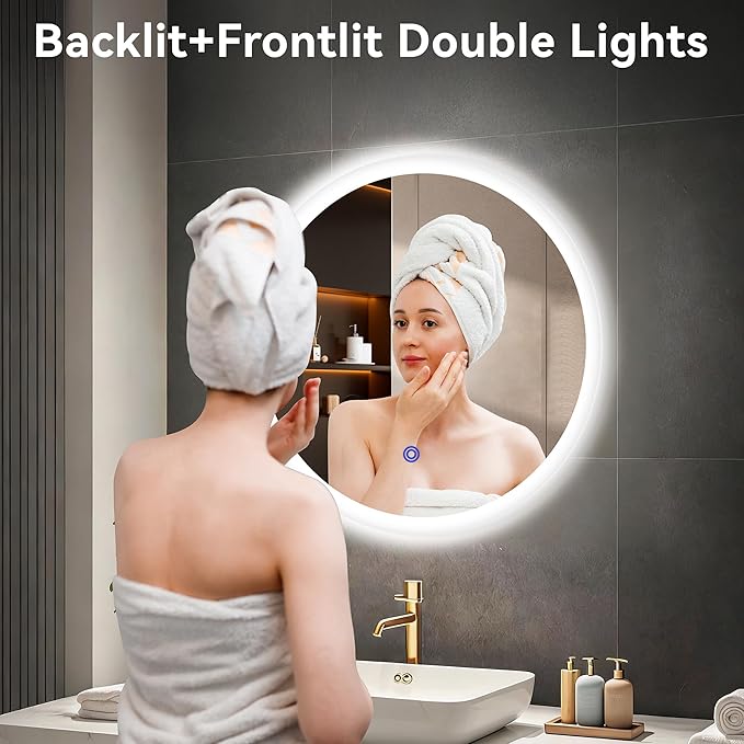 20“ x 20” LED Bathroom Smart Mirror, Round Mirror with Three Color Light Temperature Brightness Settings,Backlit + Front Lit,Wall-Mounted Vanity Mirror with Memory Function