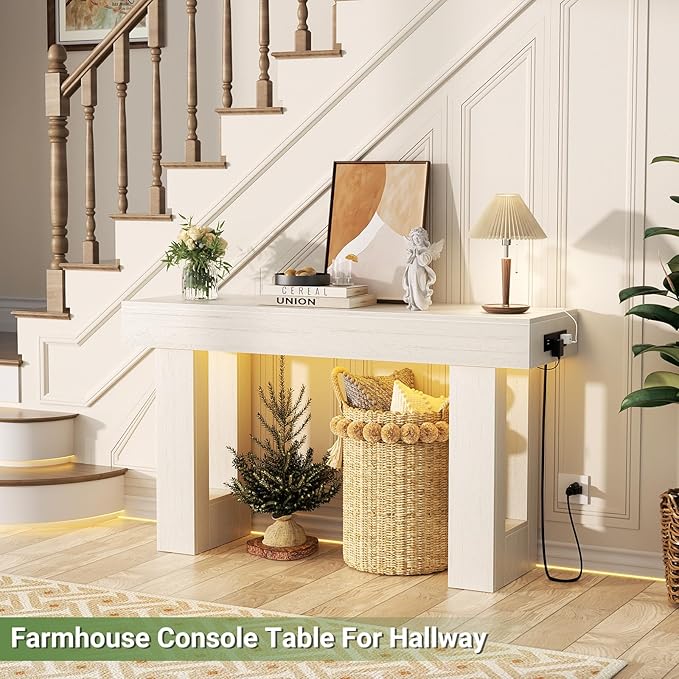 Unikito 47" Entryway Table with Socket and Sensor Light, Narrow Console Table with Storage Behind Couch, Farmhouse Entry Way Tables with Open Storage for Entrance/Hallway/Living Room, Antique White