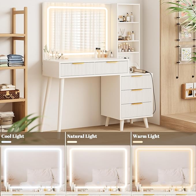 Vanity Desk with Mirror and Lights, Makeup Vanity Desk with Power Outlet, Makeup Desk with 5 Drawers&Storage Shelves, Vanity Table 3 Color Adjustable Brightness Dressing Table Set for Bedroom White