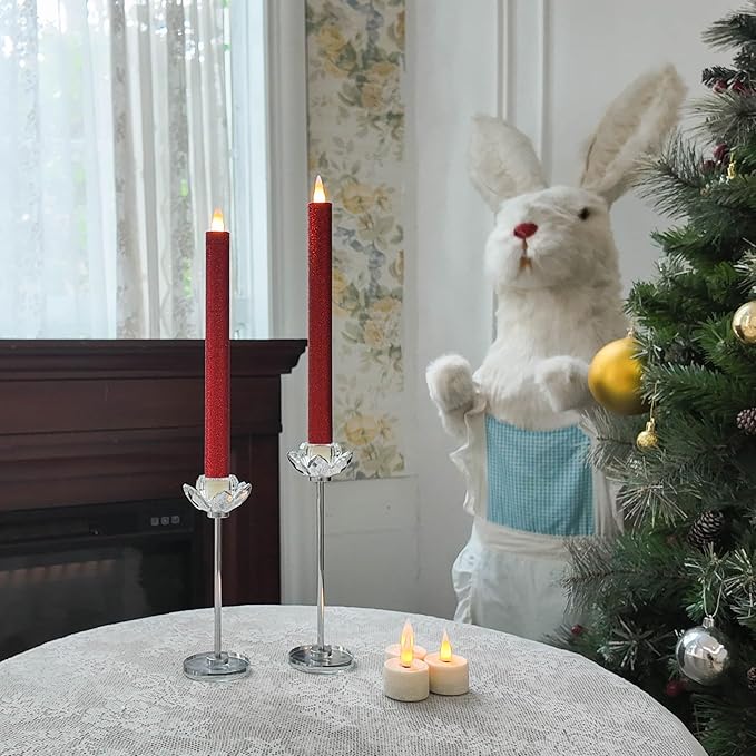Flameless Taper Candles Flickering with Remote and Timer, 3D Moving Flame Taper Candle Battery Operated to 400 Hours, 9 Inch Window Candles, (Glittter Red)