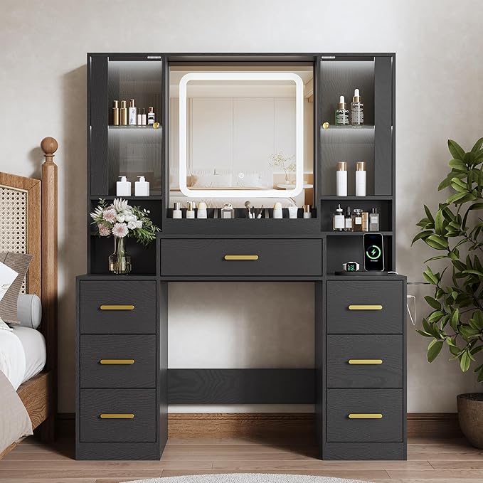 Vanity Desk with Mirror and Lights, Makeup Vanity with 7 Drawers, 2 Glass Door Cabinets, Charging Station, Adjustable Shelves, RGB Lighting, Hair Dryer Holder