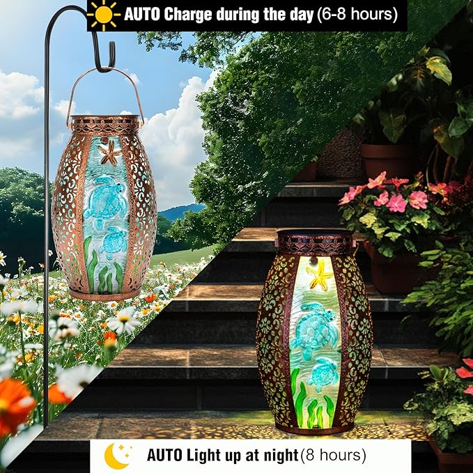 Outdoor Solar Lantern-Waterproof Turtles Hanging Metal Decorative Lights for Patio Table Garden Pathway Yard with Super Bright Warm White LED,Large Solar Panels