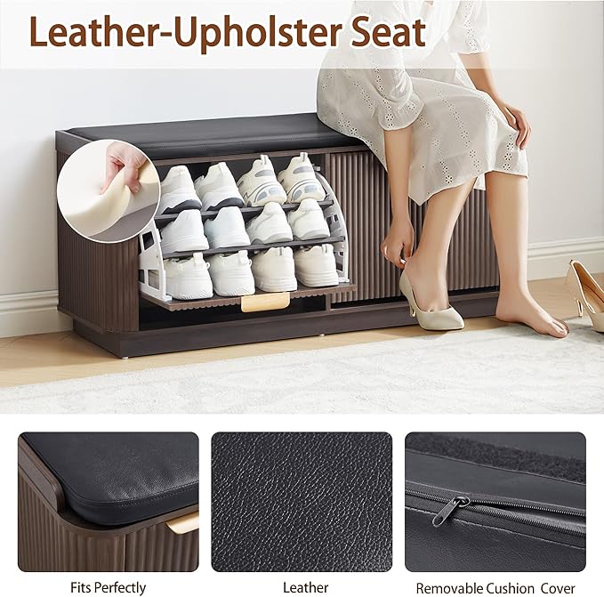 43.3''W Fluted Shoe Rack Bench with 2 Flip Drawers, Entry Bench Seat with 3-Tier Shoe Storage and Leather Cushion, Shoe Organizer Bench for Entryway, End of Bed, Living Room - Espresso